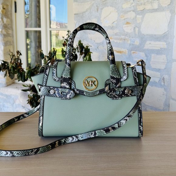 Michael Kors Carmen Medium Flap Satchel/ BLFLD Wallet MK Logo Light Sage NWT - Picture 2 of 11